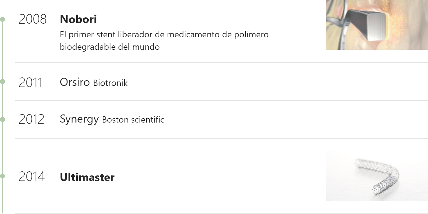 2008 Nobori The world’s first biodegradable polymer drug eluting stent 2011 Orsiro Biotronik 2012 Synergy Boston scientific 2014 Ultimaster